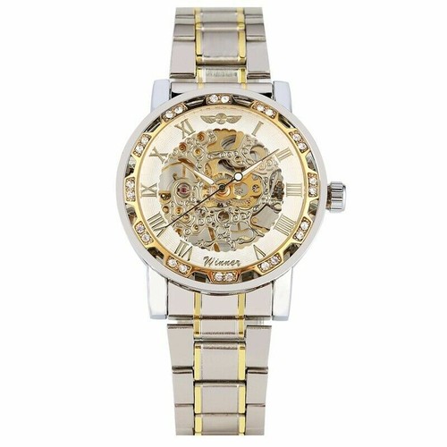 Luxus Gewinner Kristall Zifferblatt Herren Handaufzug Mechanische Uhr Vollstahlband Geschenk - Bild 15 von 16