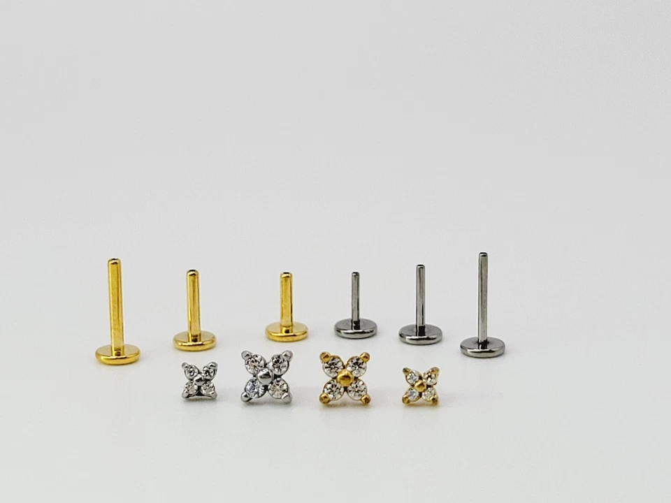 20G/18G/16G Titanium Labret 4 stones Push Pin Threadless Flat Back Stud Earring - Image 3 of 4