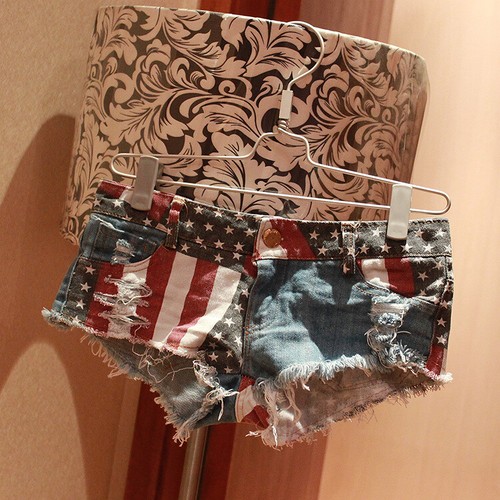 Jeans corti stile sexy vita bassa denim donna bandiera nazionale ragazza S L M XL XXL - Foto 8 di 11
