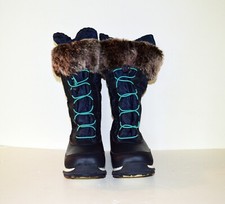 Lands End Girls Insulated Winter Snow Boots Hearts Navy Faux Fur Trim 4M EUC