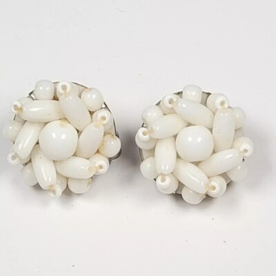 West Germany White Bead Cluster clip on earrings Chunky Gaudy Unique vtg
