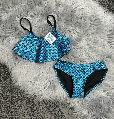Hampton Mermaid Fish Scale Blue Ruffle Bikini Size 6