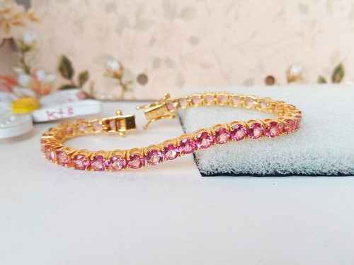 8Ct Round Lab Created Pink Ruby Women's Tennis Bracelet 14K Yellow Gold Plated - Picture 2 of 5