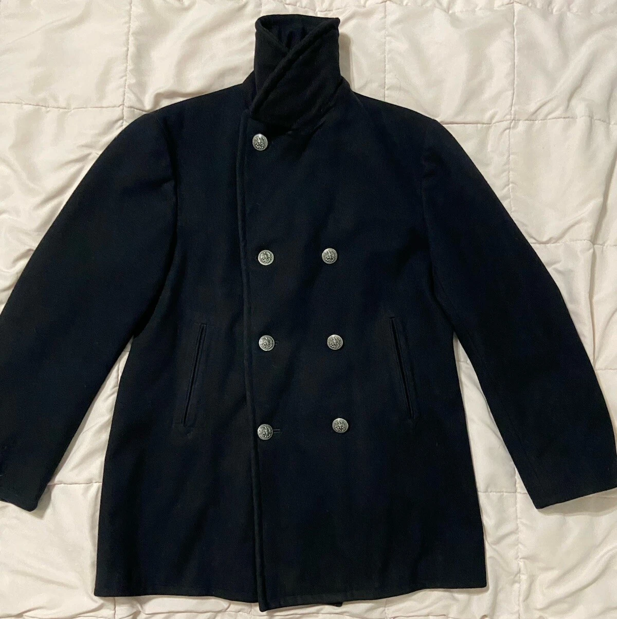 Vtg 1974 US Navy Peacoat 40R Black Melton Wool Pewter Buttons USN 70s Overcoat image 2