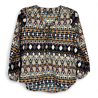 Time To Bloom Long Sleeve V-neck Lace Up Tie Geo Print Blouse Womens M Bohemian