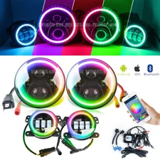 7" Chasing RGB LED Halo Headlights 4" Fog Lights Combo For Jeep Wrangler JK JKU