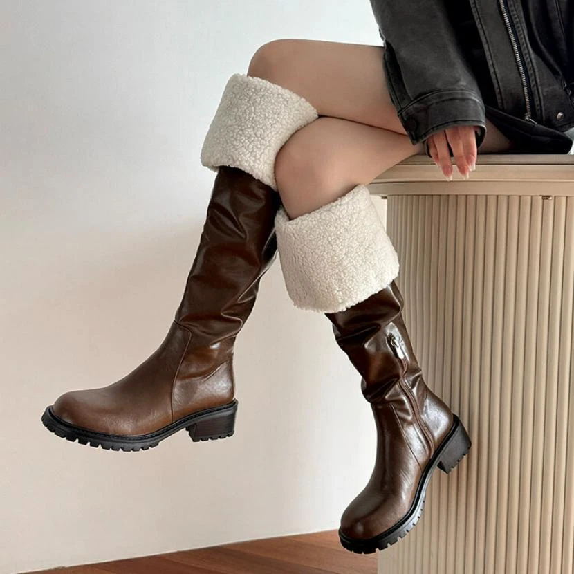 Women s Winter Velvet Leather Fold Over Knee Boot Casual