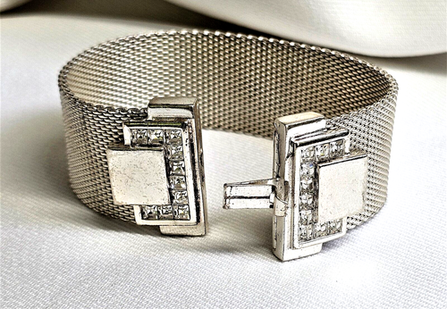 Vintage Ralph Lauren Mesh Armband Silberfarben Kristall Strass Schmuck Art Deco - Bild 4 von 6