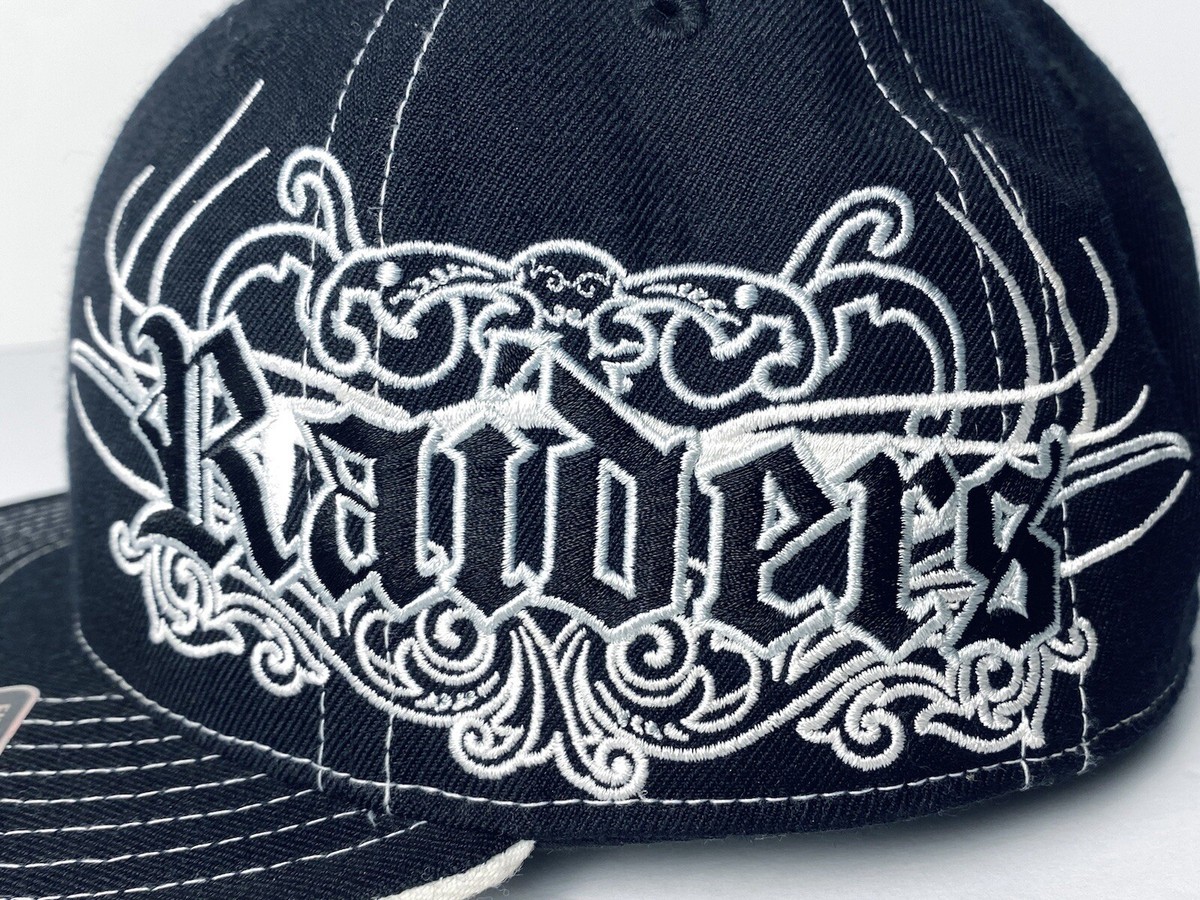 Vintage RAIDERS Hat NFL Gothic Graffiti Script Fitted Flat