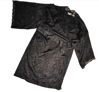 Vintage Victorias Secret Gold Label Black Satin Kimono Robe Beaded Neck *sm Flaw