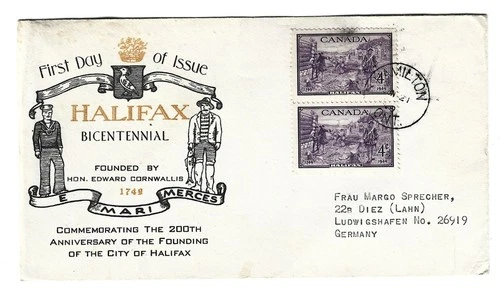 1949 Canada -Hamilton, Ont. CDS Cancel 4c Halifax Bicentennial Pair FDC - Cachet