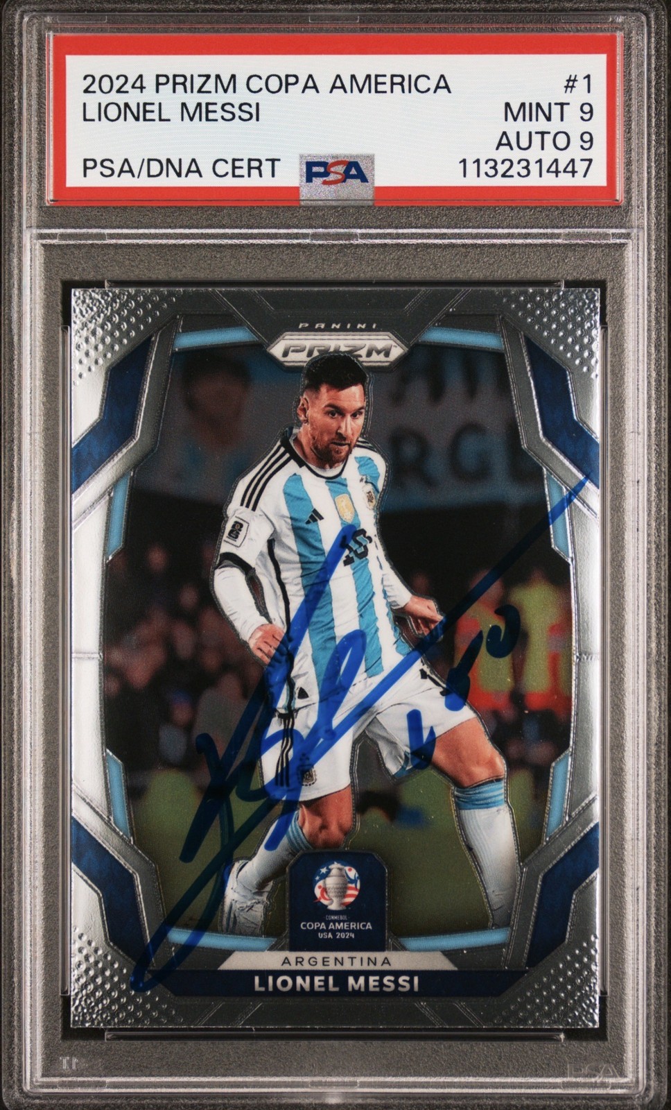 LIONEL MESSI 2024-25 PRIZM COPA AMERICA #1 ARGENTINA PSA 9 AUTO 9 Q3420 view 1