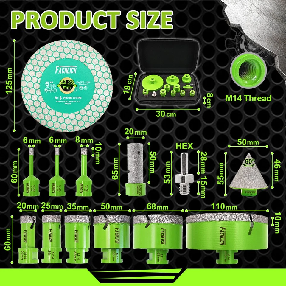 FACHLICH 13pc 6-110mm Diamant Fliesenbohrer Set Bohrkronen Diascheibe - Bild 2 von 4