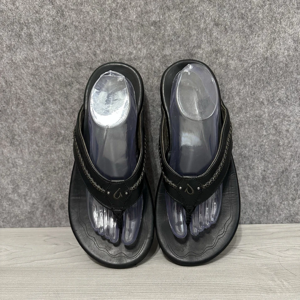 OluKai Mea Ola 皮革拖鞋凉鞋黑色男式 10 高级舒适 — 第 4/4 张图片