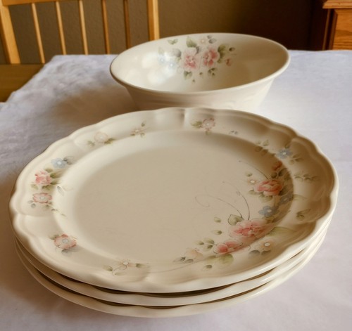 4-Pc Set Pfaltzgraff Tea Rose Stoneware Vegetable Bowl & 3 Dinner Plates 10 3/8" - Picture 2 of 24