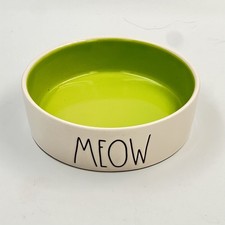 Rae Dunn "MEOW" Small Round White Ceramic Cat Water Food Bowl Dish Light Green