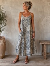 Maxi Vestido Lungo L’Arno Lino Para Mujer Gris Estampado Abstracto Sin Mangas Lagenlook L