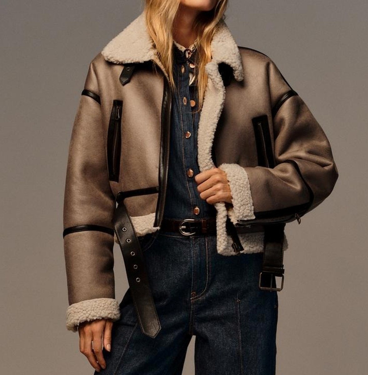 ZARA CROP DOUBLE FACED MINK CONTRAST PIPING FAUX SHEARLING BELTED