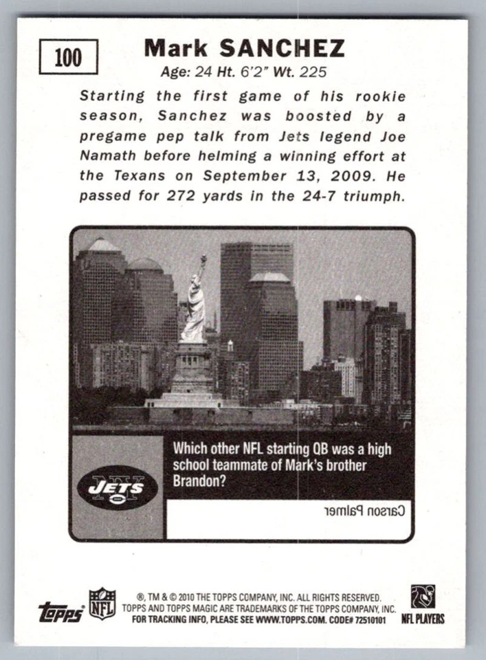 2010 Topps Magic Mini Mark Sanchez New York Jets #100 - Image 2 of 2