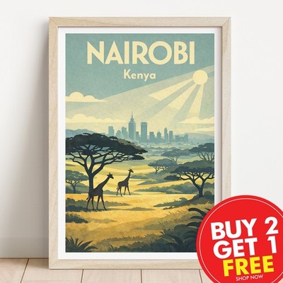 Nairobi Kenia Retro Reisedruck, modernes Wandbild, Art Deco Wohndeko, Vintage,