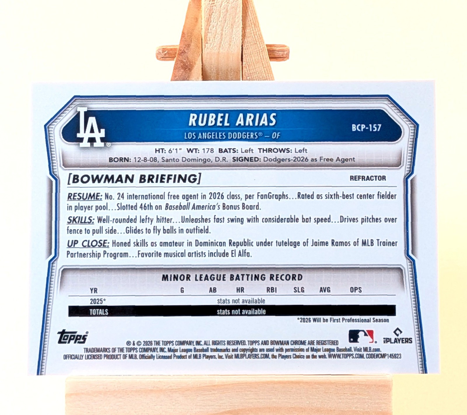 Rubel Arias 2026 Bowman Chrome #BCP-157 Refractor /499 Los Angeles Dodgers view 2