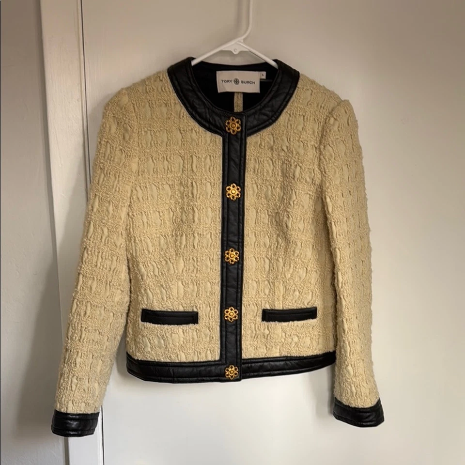 Tory Burch Cropped Boxy Tweed Wool Blend Blazer Jacket Size 0 Dark Natural Ivory - Image 4 of 4