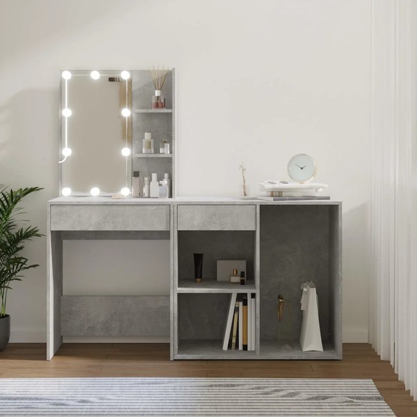 Led-Schminktisch Mit Schrank Betongrau Holzwerkstoff-image
