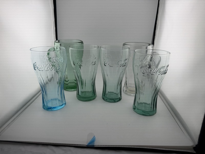 Lot of 6 Coca-Cola Embossed Contour Drinking Glass & Handled Mugs Green