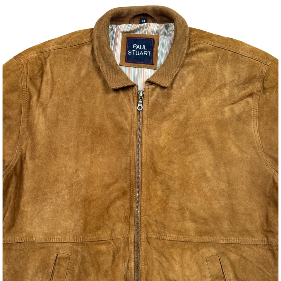 Chaqueta de bombardero de gamuza Paul Stuart para hombre talla 54 marrón tostado cremallera frontal estilo clásico Foto 2 de 4