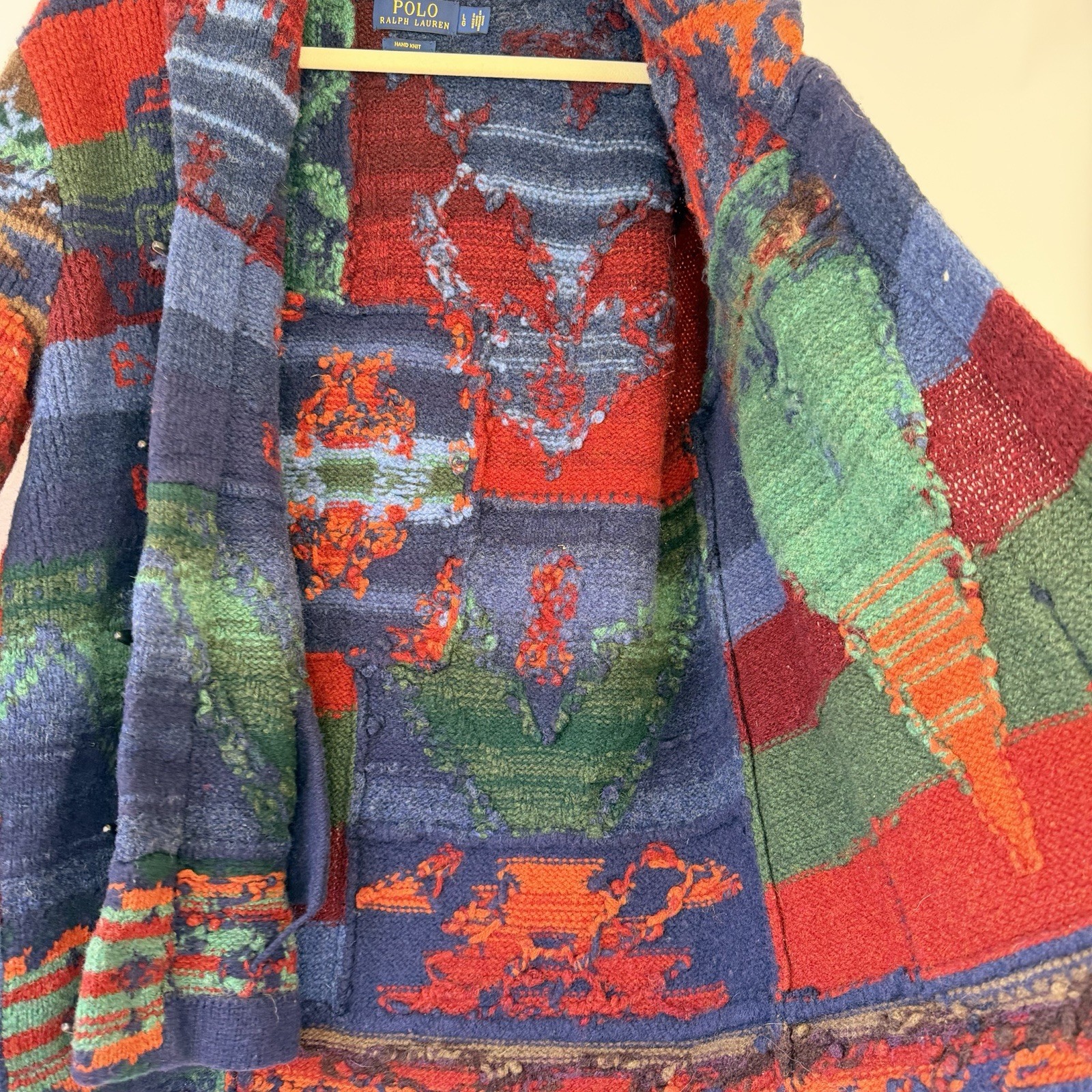 Polo Ralph Lauren Men's L Handknit Cardigan The Iconic Patchwork Wool RARE VTG image 6