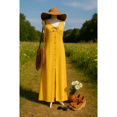 Vintage 1960s Marigold Yellow Maxi Dress | Lace Bodice | Boho Hippie Size M  | eBay