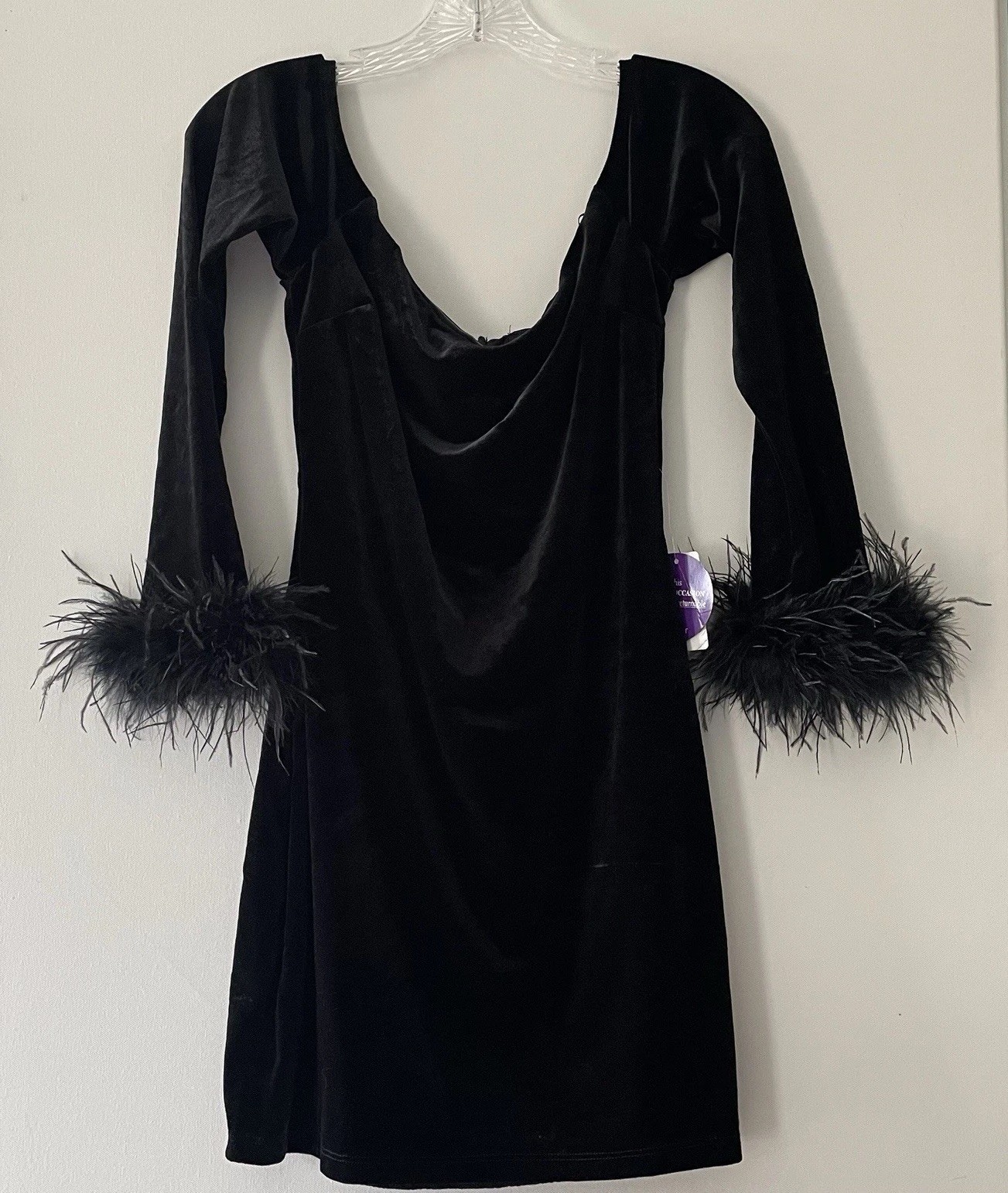 NWT! Windsor Velvet Off Shoulder Mini Dress Black Size Medium Bodycon Fur Trim