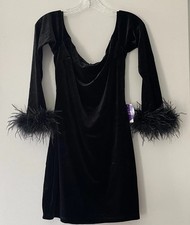 NWT! Windsor Velvet Off Shoulder Mini Dress Black Size Medium Bodycon Fur Trim