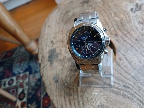 Seiko Mens Vintage Chronograph 100M  Blue  Dial Quartz Watch 7T92-0LA0. working