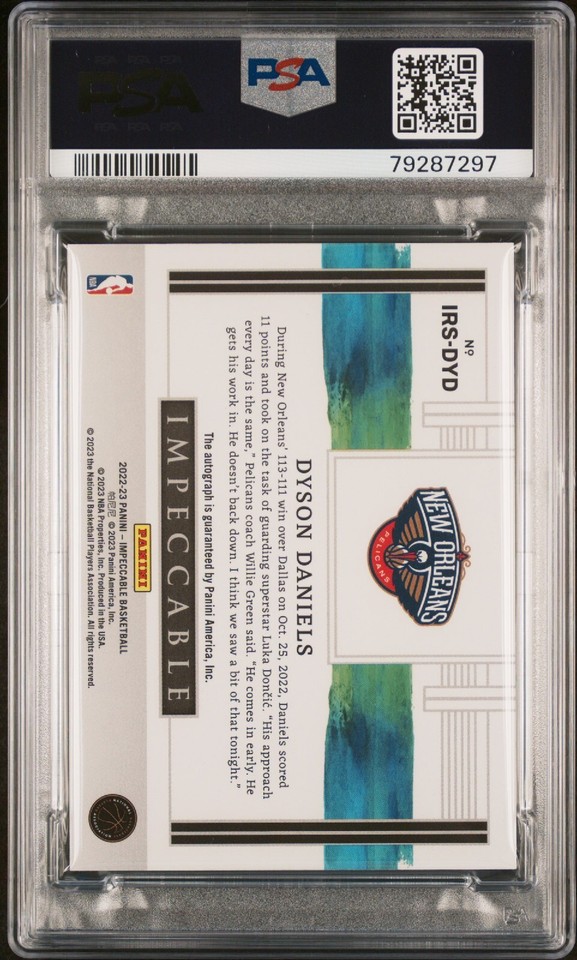 PSA 9 - DYSON DANIELS #/99 Auto - 2022 Impeccable Rookie Signatures ...