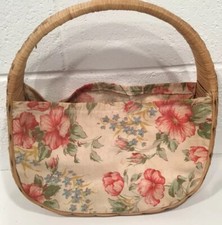 Vintage Wicker Fabric Purse Sewing Knitting Basket Flowers Decor 40s 50s
