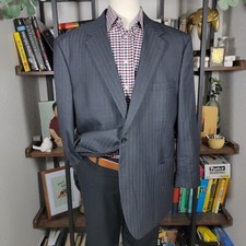 JOS A BANK Men's Sport Coat Blazer Two Button Striped Gray Blue Silk Wool 46R