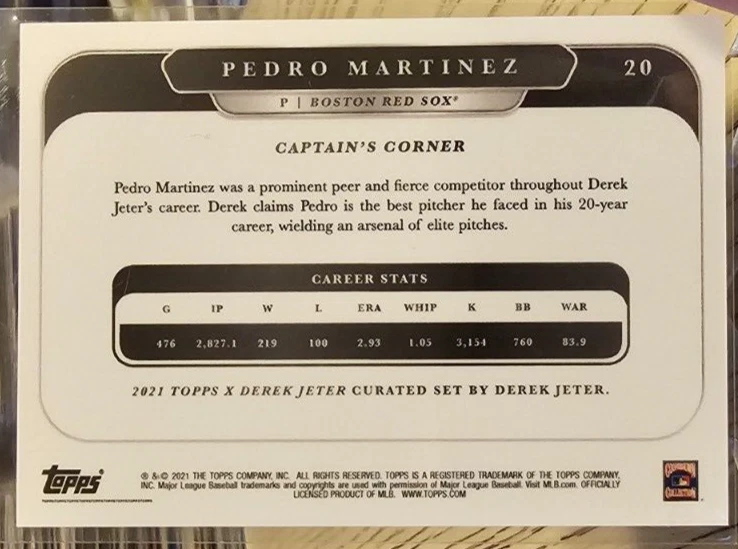 2021 Topps X Derek Jeter Pedro Martinez #20 Boston Red Sox - Image 2 of 2