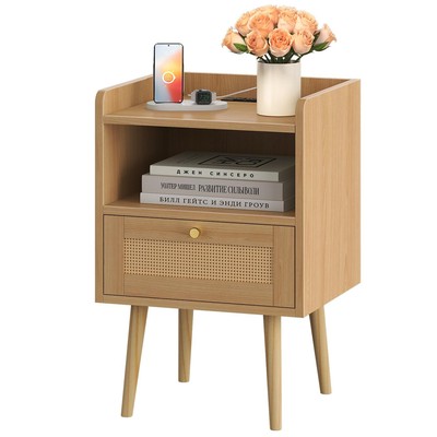 Rattan Nightstand with Charging Station, Mid Century Modern Bed Side Table, B...