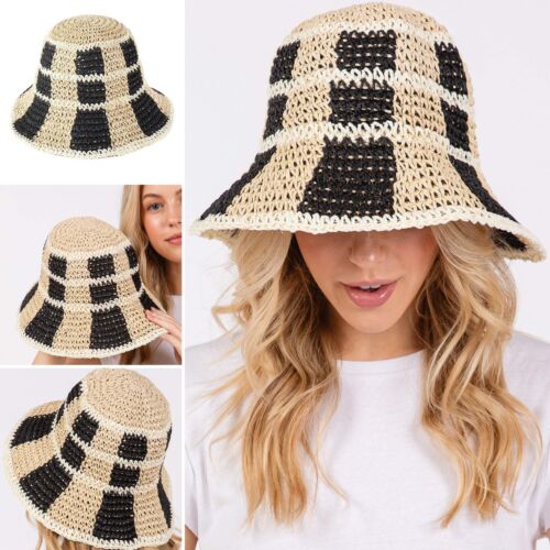 Pink, Brown or Black 2 Tone Straw Bucket Hat - Picture 12 of 14
