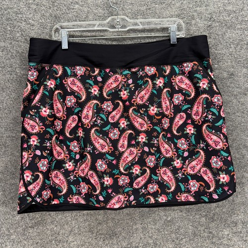 Lands' End Swim Skort Women 16 Black Paisley Lined Pull On Pockets Swimwear