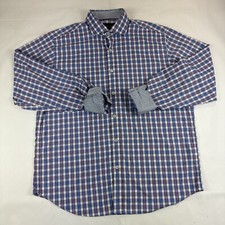 Bugatchi Classic Fit Shirt Men L Blue Tartan Long Sleeve Button Up Flip Cuff EUC
