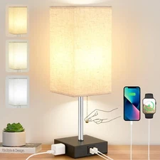 3-Color Table Lamp for Bedrooms, Bedside Lamps with USB C+A Ports and AC Outl...