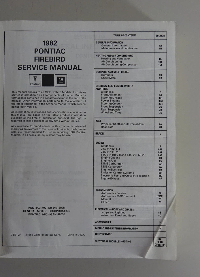 Taller Manual/Manual de Reparacion Pontiac Firebird / S/E / Trans- Am Desde 1982 - Imagen 2 de 4