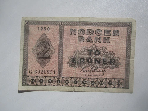 1950 Norway 2 kroner banknote with pink diamond-shaped border, “Norge Bank” text, and serial number G.6926951.