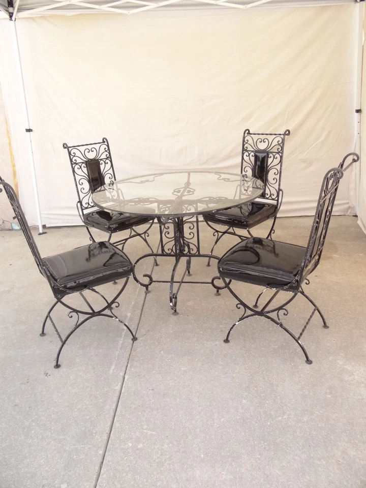 vintage metal scroll iron patio porch out door regency dining set table 4 chairs - Image 3 of 4
