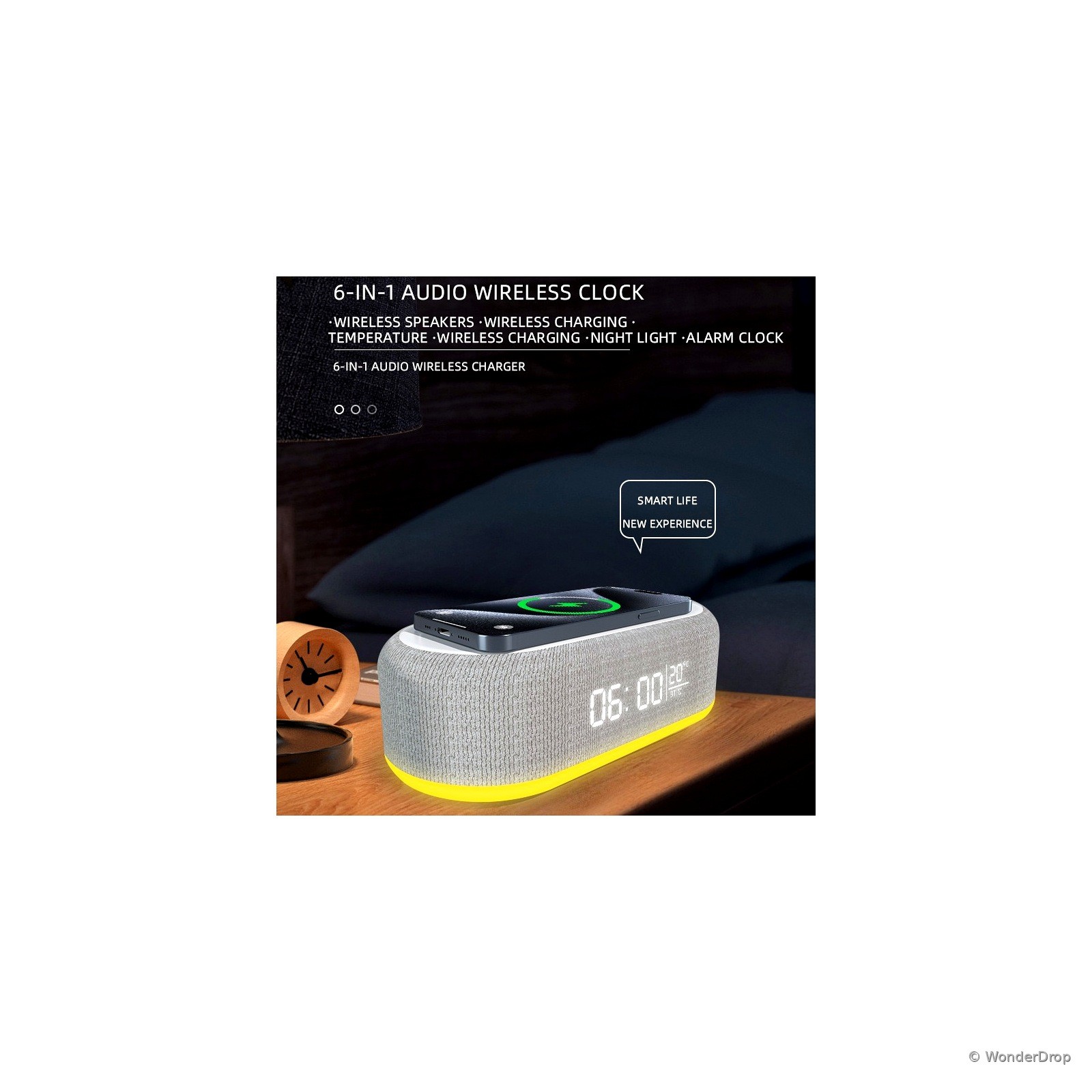 Haut-parleur sans fil 6 en 1 et chargeur induction pour table de chevet et réveil matin