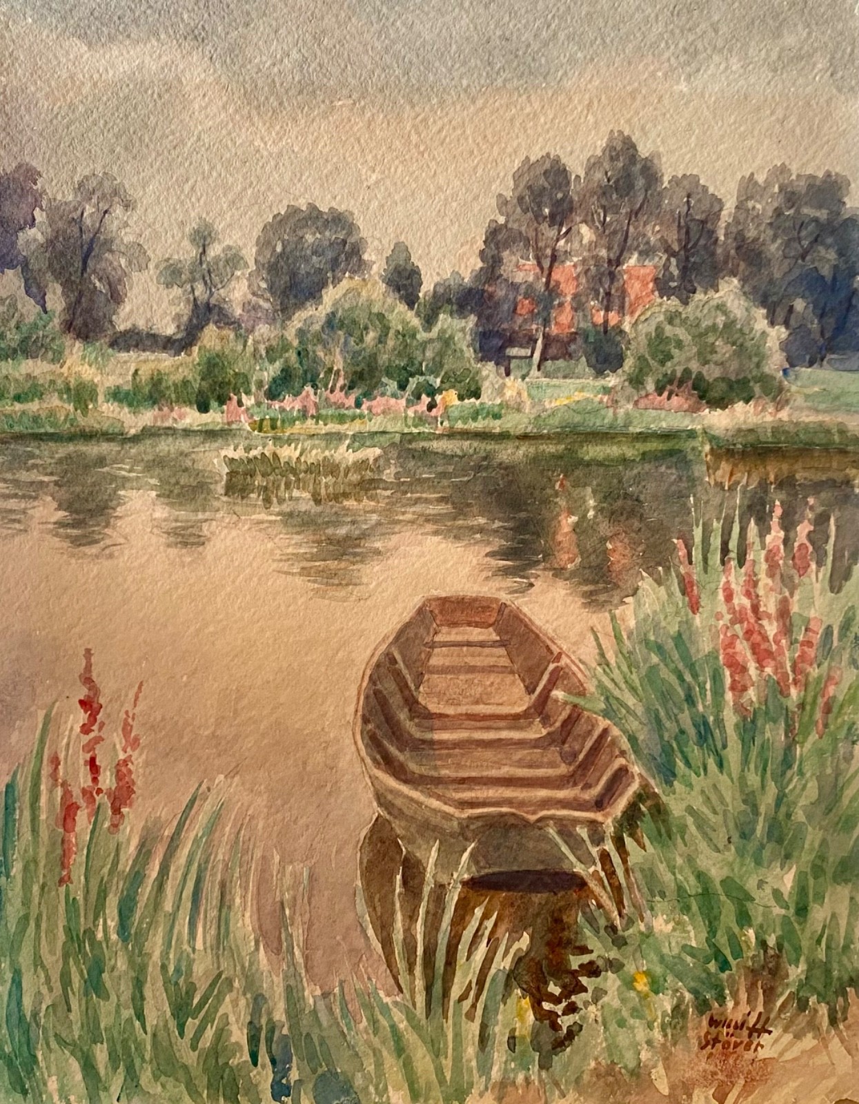Willi H. Stöver, 1895 - 1980 Bremen, signiertes Aquarell " Boot am Flußufer "