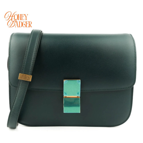CELINE Classic Box Medium Phoebe Philo Dark Green Box Calf Gold Shoulder Bag