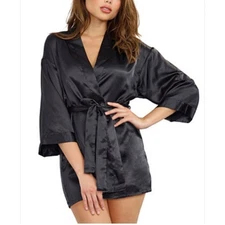 Dreamgirl Black Satin Kimono Robe Short Sleeve Tie Waist Women's S